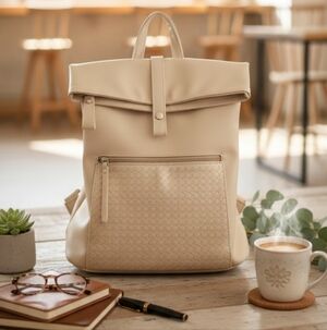 Minimalist Cream Faux Leather Roll-Top Backpack - Woven Pocket - Fits Tablet
